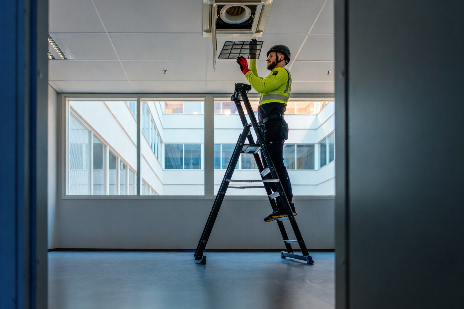 ISS:n teknisten palveluiden asiantuntija tekemässä huoltoa.
