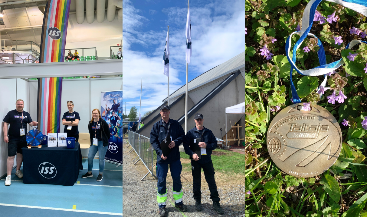 Kolme kuvaa vierekkäin, jossa kahdessa ISSn työntekijöitä ja yhdessä mitali